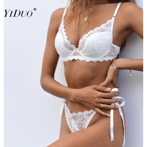 YiDuo Floral Embroidery White Lace Lingerie Underwear 2 Piece Set Women Sexy Push Up Bra Lace Up Erotic Lingerie Set Club Wear