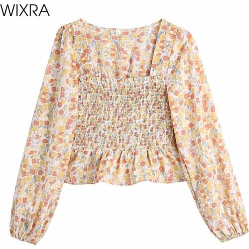 Wixra Women Blouse Square Collar Lantern Long Sleeve Elastic Waist Floral Print Ladies 2021 Vintage Pullover Tops