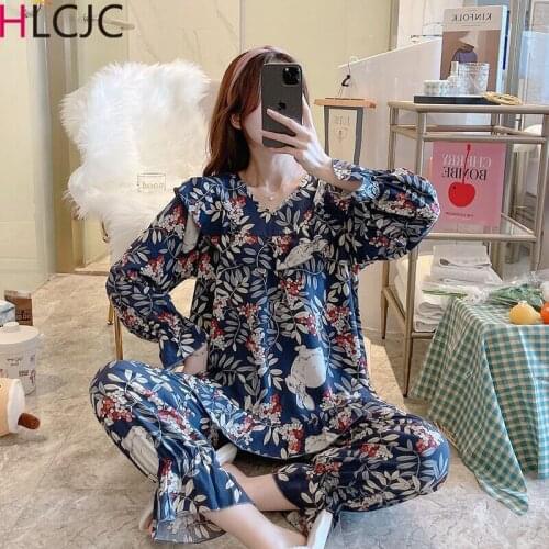Women Printed Pajamas New Spring Plus Size Homewear Female Viscose Long Sleeve Sleep Tops + Pants Summer Pyjama Femme Loungewear