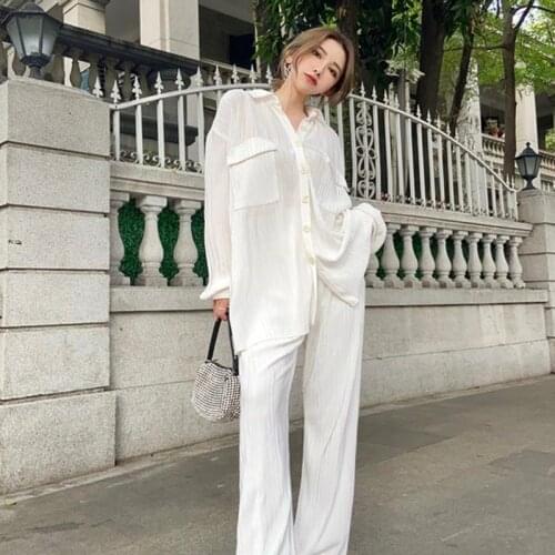 Women Blouse White Pleated Wide Leg Pants Sets Fashion 2021 Casual Loose Long Trousers Office Lady Elegant Long Palazzo Suits