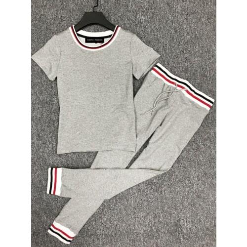 Womens new casual suit cotton round neck short sleeve trousers two-piece set