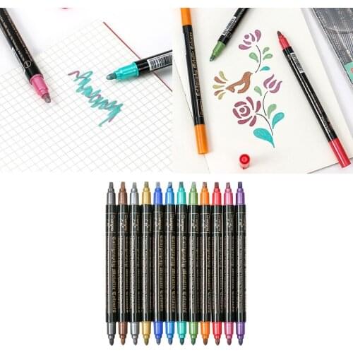 12pcs Metallic Marker Pens 12 Vivid Colors Paint Markers for Black Paper, Crafting, Scrapbook, Gift Cards Painting Pen Brush