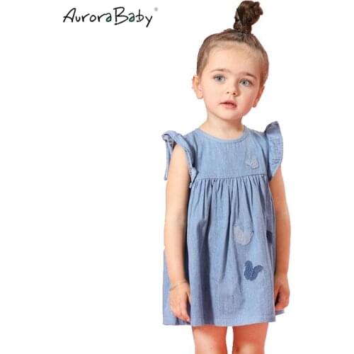 2018 Summer Baby Girls Dresses kids Dress with Butterfly Denim Dresses For Girls Children Clothing Lovely Casual Clothes 0-5Y
