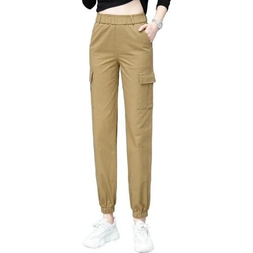 Women 2021 Spring Autumn Fashion Elastic Waist Cargo Pants Female Loose Streetwear Pants Ladies Casual Plus Size Trousers LU2044