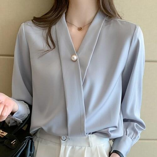 Blusas Blouses Femme Top Tops Women Long Sleeve Blouse Women Blusas Mujer De Moda 2021 Beading V-Neck Chiffon Blouse Shirt E743