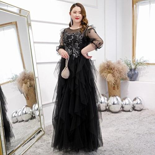 Black Evening Dress Plus Size O-Neck Embroidery Floor-length Tiered Lace Half Sleeves A-Line Simple New Women Party Dresses D392