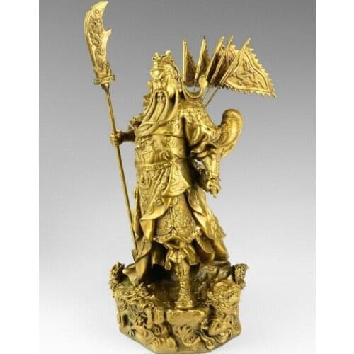 Chinese bronze brass Nine Dragon Warrior Guan Gong/ Yu Statue Figure10"H Yellow