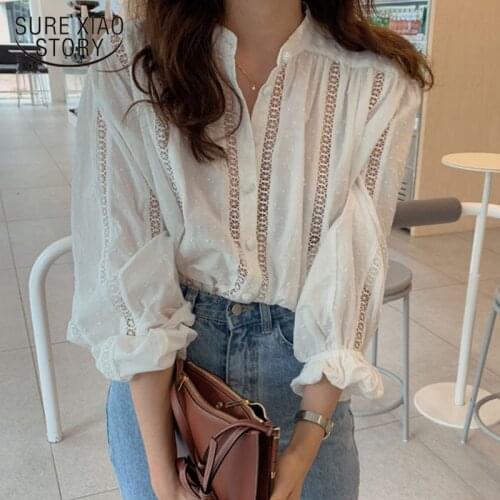 Korean Casual Womens Shirt Hollow Hook Floral Polka Dot Stand Collar Shirts Long Sleeve Loose Tops Plus Size White Blouse 15400