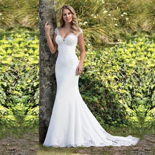 Eightale Lace Wedding Dresses Boho V-Neck Appliques Backless Mermaid Wedding Gowns With Court train Bride Dress 2019
