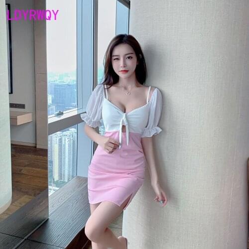 LDYRWQY 2021 summer hit color short-sleeved dress temperament self-cultivation sexy sling bow hollow bag hip