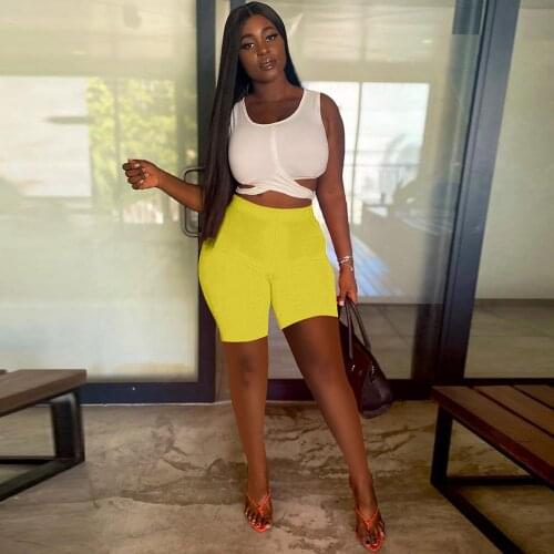 Summer Sporty Skinny 2 Two Pieces Set Sleeveless Round Neck Bandage Crop Top+high Waist Biker Short Activewear Fitness Outfit