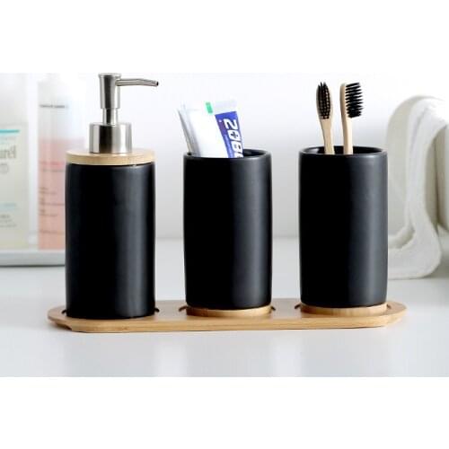 Matte Ceramic Bathroom Tumblers with Bamboo Tray Creative Mouthwash Couple Brushing Cup Kitchen Dishwashing Liquid Container Set