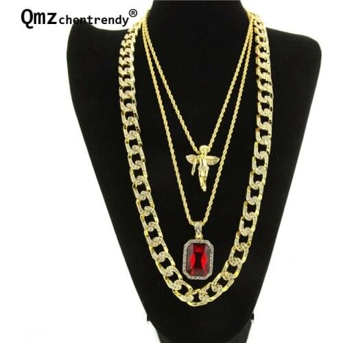 Fashion Brand Hip Hop Angel Stone Pendant Jewelry Gold Heavy 3 pcs Necklace Set Men Women High Quality Cuban Chain Necklace
