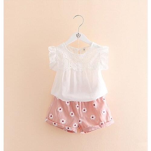 2019 summer children girls new white cute lace cotton T-shirt +Floral Print shorts clothing set 3-8 years