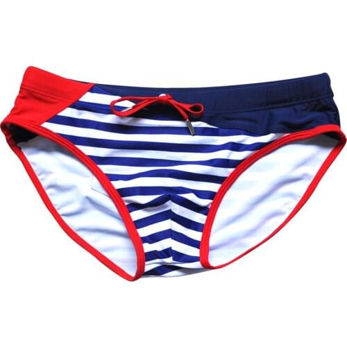 New Striped Color Matching Swimsuit Men Beach Sports Swimming Trunks Swimming Trunks With Push Pad Cup Bikini Sexy Fashion