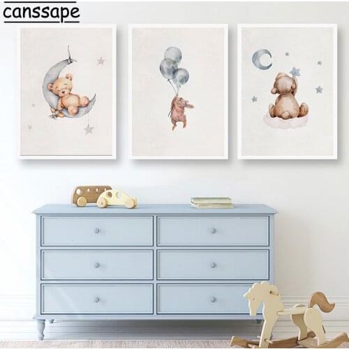 Star And Moon Sleeping Bear Canvas Art Poster Bunny Rabbit Print Nursery Decor Painting Nordic Posters Picture Baby Kids Room