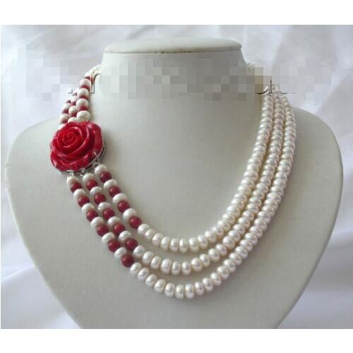 Stunning 3rows 8mm round white freshwater cultured pearl green jadeite necklace h12