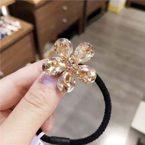 Fashion Crystal Flower Hair Bands Sweet Elegant Hairtie Bling Shiny Zircon Rubber Band Headwear Female Girls Hair Accessories