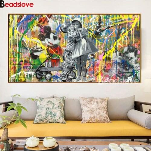 Needlework,5d Full drills DIY Diamond painting large Cross stitch,Diamond Embroidery Abstract Boy Kiss Girl Graffiti Street Art