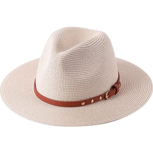 Straw hat summer womens flat brim jazz top hat mens UV protection Panama sun hat buckle outdoor beach hat
