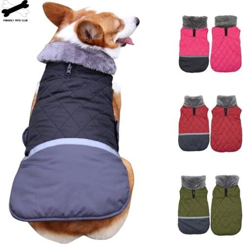 Waterproof Dog Coat Wear Both Side Pet Dogs Clothes Autumn Winter Blouse Warm Fur Collar Cotton Traction Outdoor