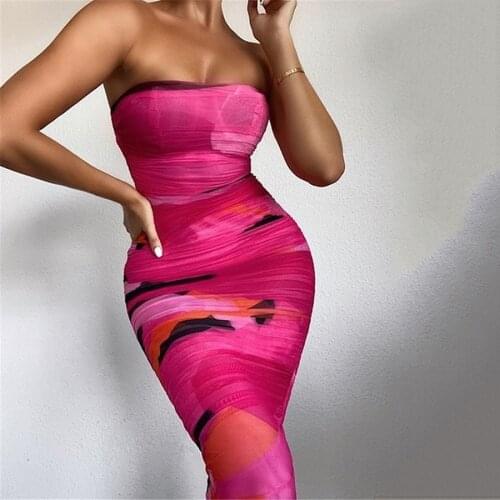 Ladies Articat Strapless Print Ruched Dress For Women Sexy Sleeveless Mini Dresses Streetwear Backless Elasitc Mesh Vestidos