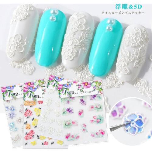 1 Sheet 5D Self-Adhesive Acrylic Engraved Template Decals Nail Art Sticker Plant Design Fashion Decorations Manicure Accessories