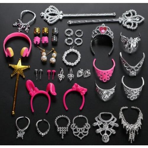 38Pcs/Set Barbi Doll Accessories Simulation Jewelry Necklace Crown Earrings Pink Hanger Mirror Comb For Barbi Doll Toys