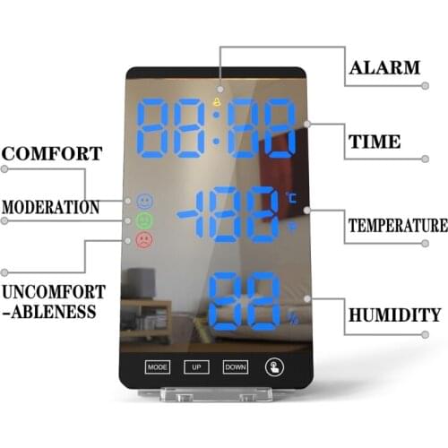 6 Inch Smart Digital LED Mirror Alarm Clock Phone Charger with 4-Level Brightness Temperature Humidity Display Decor