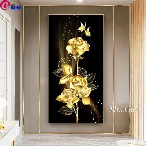 5D DIY Diamond Painting Gold Rose Full Drill Square/Round Diamonds Embroidery Flower Entrance Wall Decorations Craft Kit