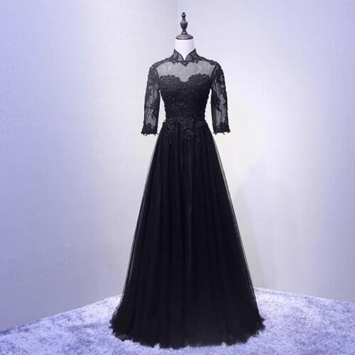 ANGELSBRIDEP High-Neck Black Long Evening Dresses Robes De Soiree Formal Appliques Pearls Celebrity Prom Dresses Floor-Length