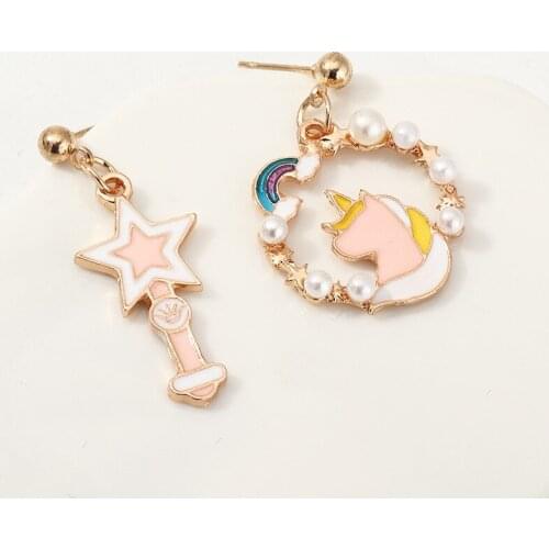 Anomokay European & American Trendy Unicorn Pentagram Asymmetry Earring Torus Cute Little Fresh Colorful Enamel Pearl Earrings