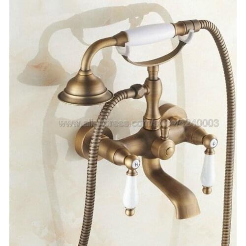 Antique Brass Wall Mount Bathtub Mixer Faucet Dual Handle Telephone Style Hand Shower Sprayer Ktf152