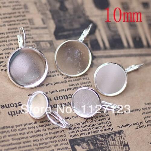 Free ship! Silver Plated 200piece 10mm Round Cabochon Setting Stud Leverback Hook Stud Earing blanks and base trays bezel