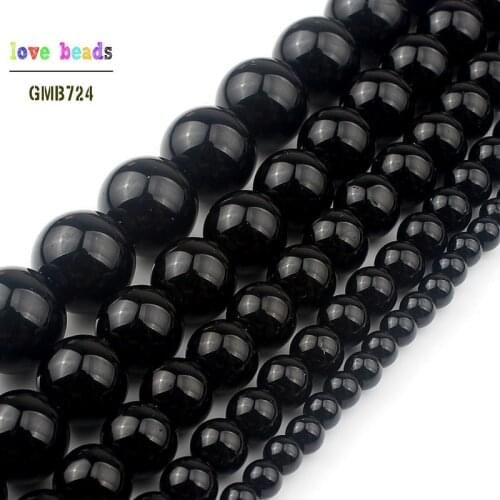 Stone Beads Smooth Round Black Agates Onyx Loose Beads For Jewelry Making Pick Size 4 6 8 10 12mmm