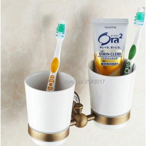 Cup&Tumbler Holders Wall Mounted Antique Bronze Classic Double Ceramic Cup Holders Bathroom Porcelain Toothbrush Holder ZR2653