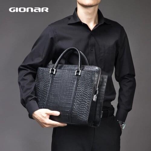 GIONAR Genuine Leather Shoulder Bag Men Briefcase with Wallet Luxury Brand Crocodile Pattern Cowhide Laptop Bag Maletin Hombre