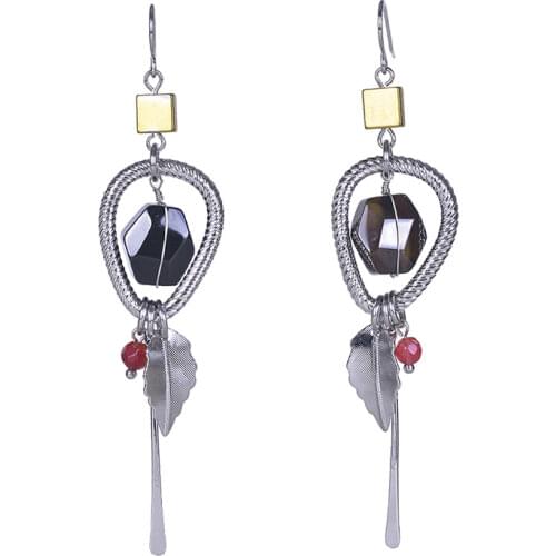 Vintage water drop shape leaves agate stone earrings Geometric Leaf Shape Metal Pendant Earrings 18K Gold Plated earring long