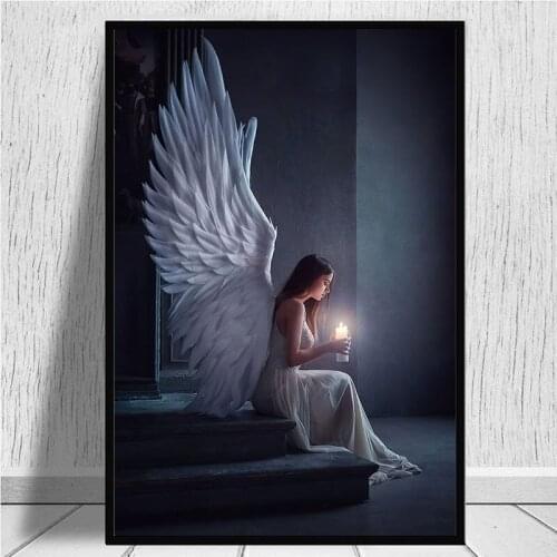 Angel Pray Shooting Art Canvas Painting Wall Decoration Girl Holding Candle Poster Living Room Aesthetic Home Decoration Cuadros