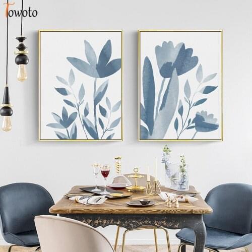 Flower Canvas Painting Blue Floral Wall Art Modern Minimalist Posters and Prints Decorative Wall Pictures for Living Room