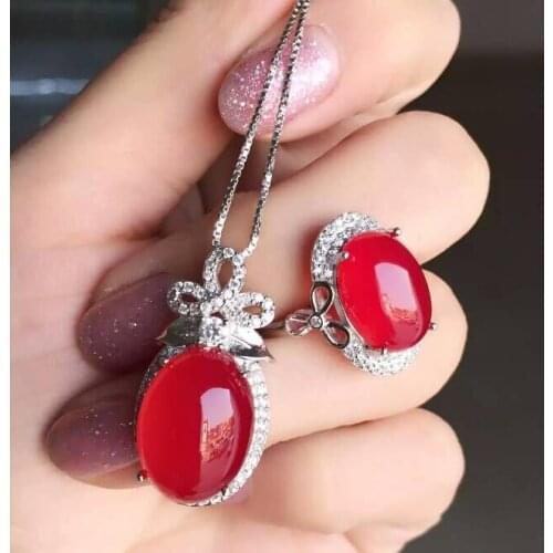 KJJEAXCMY boutique jewels 925 Pure silver inlay natural red jade medullary ring + pendant + earring set with diamond vine flower