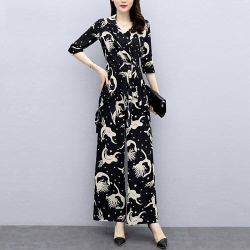 Women Summer New Black Suits Elasitc Waist Wide-Leg Trousers Print Chiffon Lace-Up Slim V-Neck Long Shirts Casual Two-Piece Suit