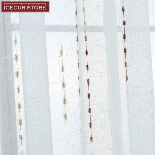 ICECUR Linen Fabric Stripes Embroidered Tulle Curtains for Living Room Kitchen Simple Modern Curtain Window Blinds Voile Drapes