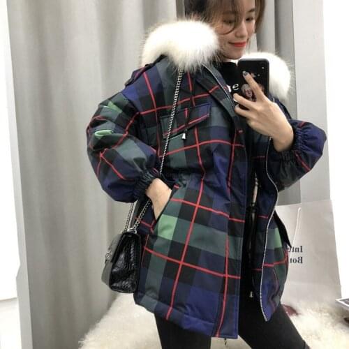 Fashion Plaid Loose White Duck Down Jacket Women Winter Down Coat Women Outerwear Fur Hooded Doudoune Femme Hiver Donsjas Dames