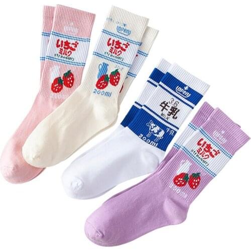 Cartoon strawberry milk striped socks cute fashion chaussette femme funny happy white japanese kawaii calcetines women sock