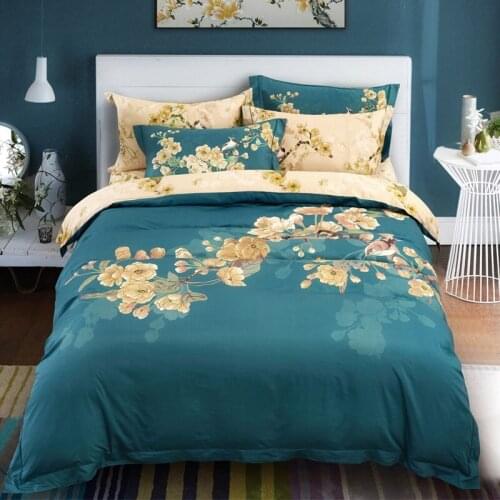 New 100% Cotton Sanding Printed Flower Bedding Set Luxury Royal Bed Sheet set Duvet Cover Pillowcase Queen King 4pcs blue white