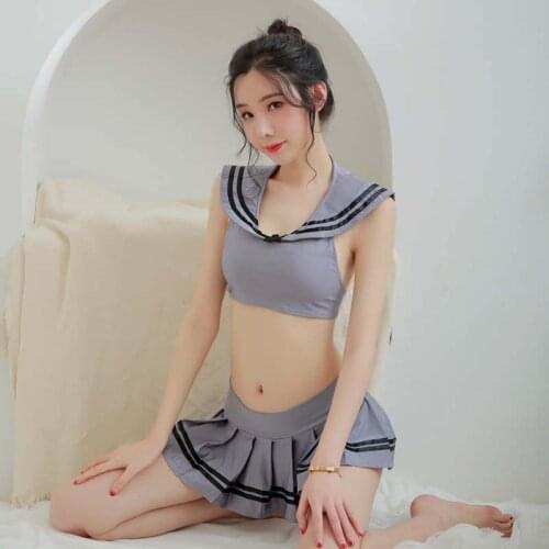 2020 New Sexy Lingerie Cute Student Lapel Cropped Umbilical Classic Pleated Skirt Open Back Strap Suit