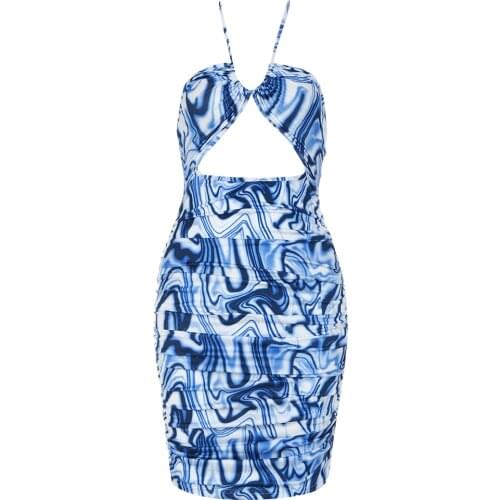 2021 New Summer Fashion Print Halter Hollow Out Dress Sleeveless Sexy Backless Club Party Bodycon Mini Dress