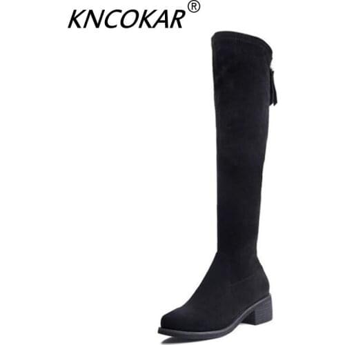 KNCOKAR fall 2018 new style boots womens shoes with knee high in style round head high boots
