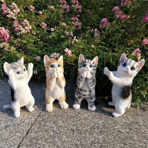 Cute Funny Resin Statue Raise Hand Standing Cat Sculpture Kids Room Desk Ornament Home Shop Garden Decor Party Decoration